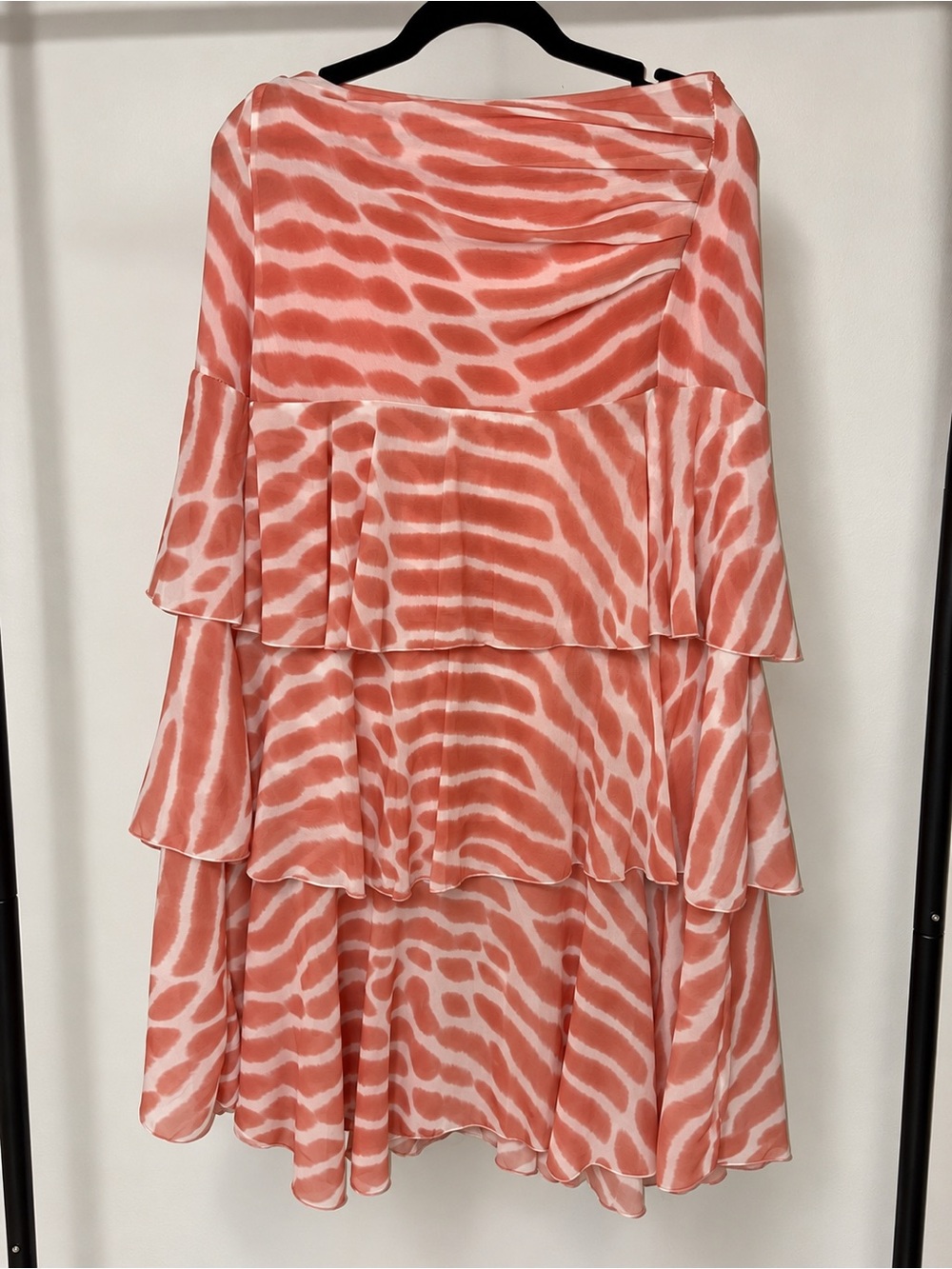 Multi-colored zebra print long skirt with ruffled tiers